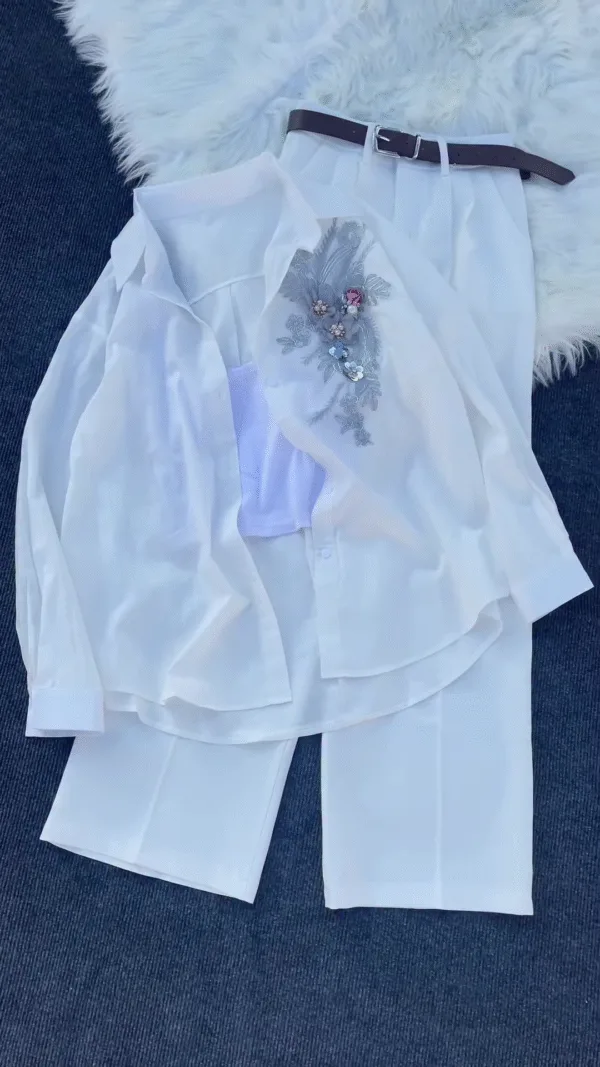 White Floral Embroidered Shirt with Tube Top & Pants - Product Details
