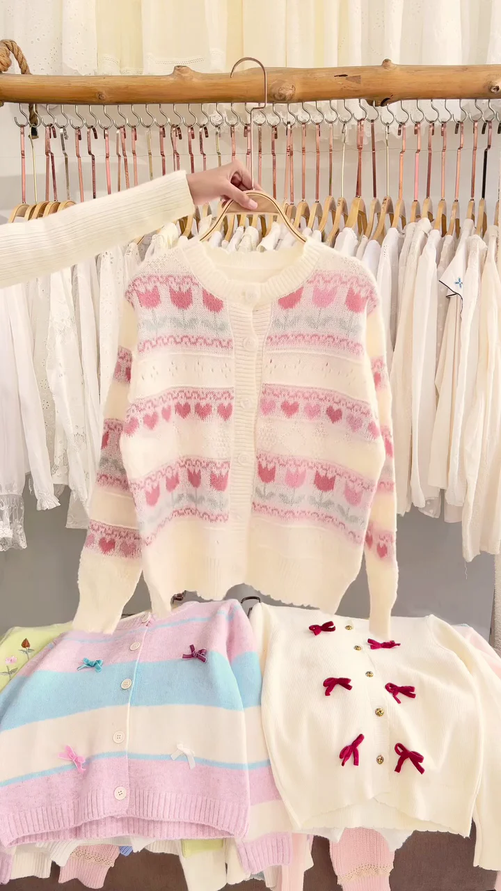 Lace-Trim Floral Embroidered Sweaters & Bow-Collar Buttoned Tops 🧥 Available in Blue & Pink - Product Details